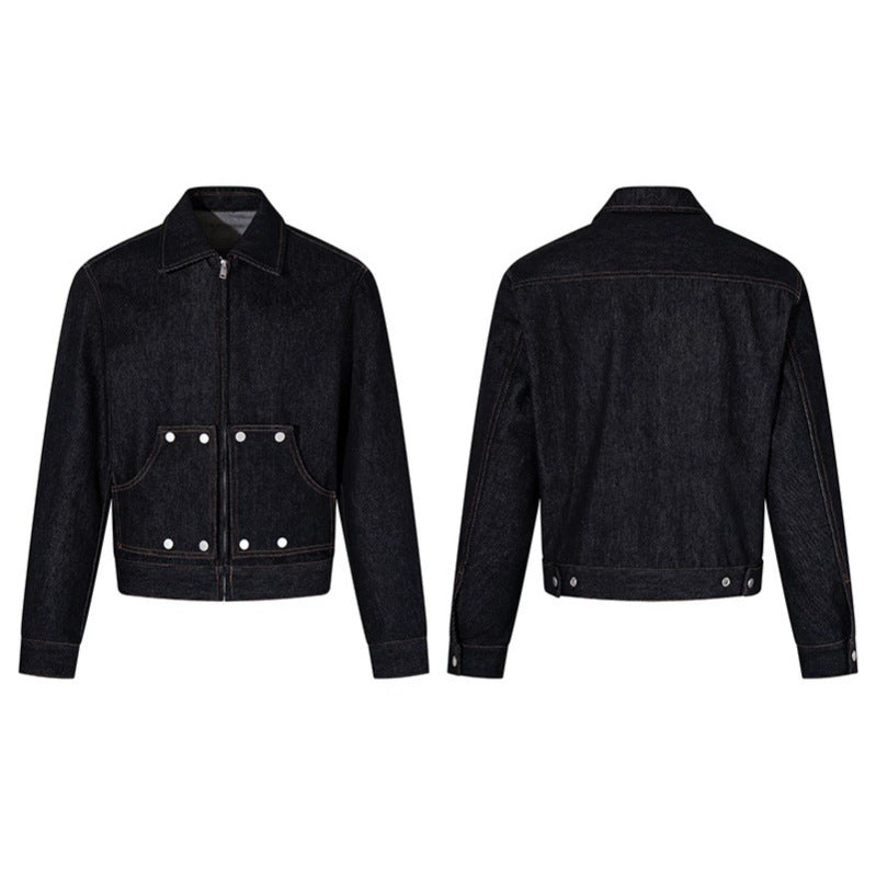 Damen Kurz geschnittene Denim-Workerjacke mit Reißverschluss, Kontrastnähten und Zierösen Shop Nory