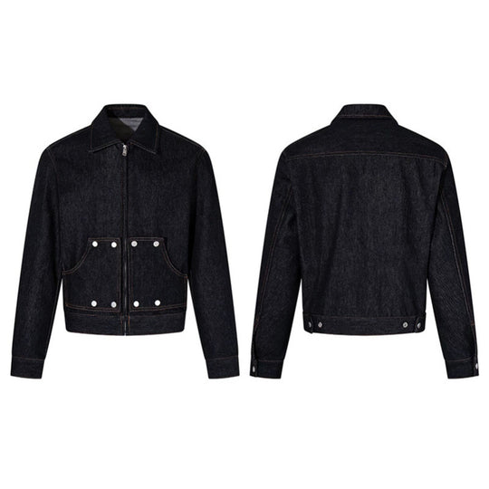 Damen Kurz geschnittene Denim-Workerjacke mit Reißverschluss, Kontrastnähten und Zierösen Shop Nory