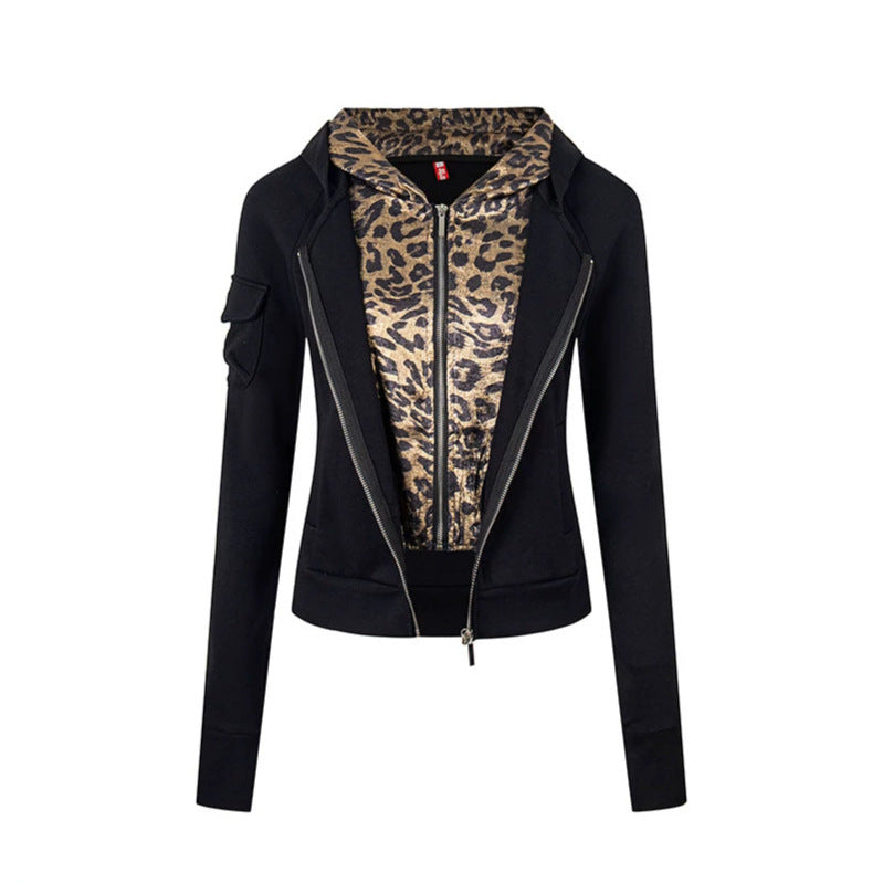 Damen Lagenlook-Zip-Hoodie mit metallischem Leoparden-Innenfutter und schmaler Silhouette Shop Nory