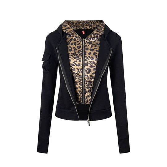 Damen Lagenlook-Zip-Hoodie mit metallischem Leoparden-Innenfutter und schmaler Silhouette Shop Nory