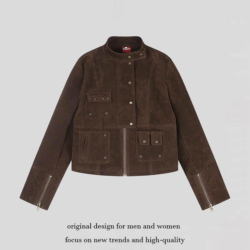 Damen kurze Wildleder-Utilityjacke mit Stehkragen, Mehrfachtaschen und Reißverschluss Shop Nory