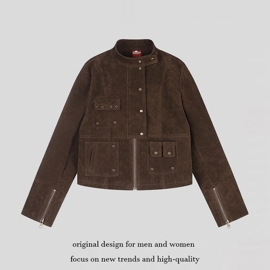 Damen kurze Wildleder-Utilityjacke mit Stehkragen, Mehrfachtaschen und Reißverschluss Shop Nory