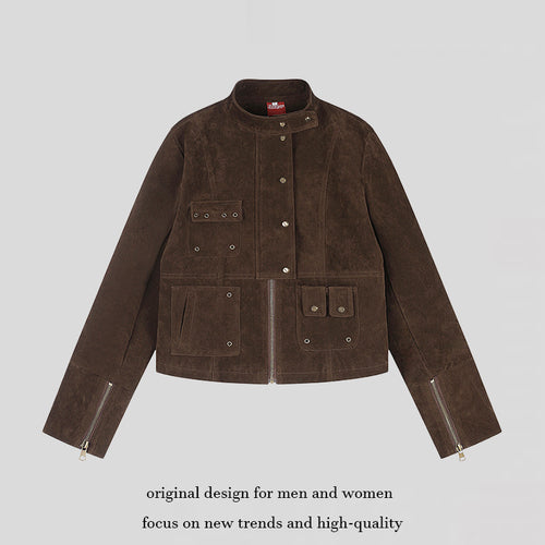 Damen kurze Wildleder-Utilityjacke mit Stehkragen, Mehrfachtaschen und Reißverschluss Shop Nory