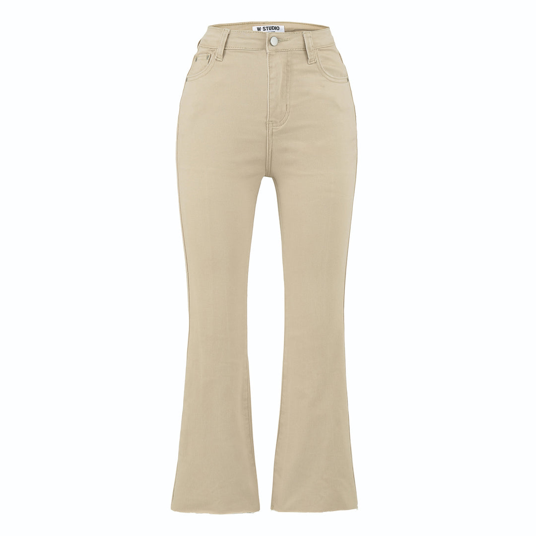 Damen Highwaist-Schlaghose aus Stretch-Denim mit fünf Taschen und rohem Saum Shop Nory