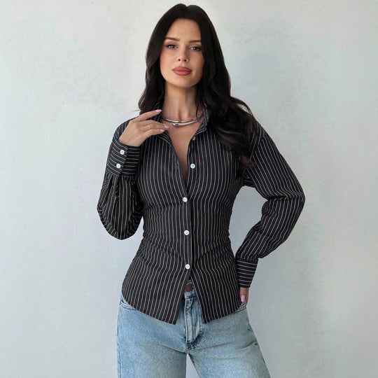 Damen taillierte gestreifte Bluse mit Kentkragen und voluminösen Ärmeln Shop Nory