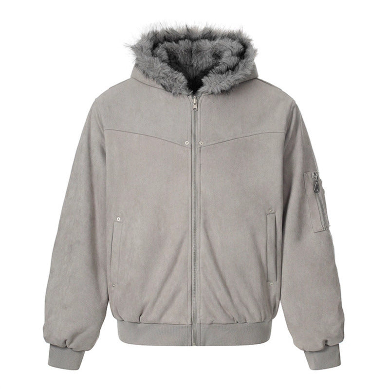 Damen Gepolsterte Kapuzen-Bomberjacke mit Kunstfellfutter, Velours-Außenmaterial und Reißverschluss Shop Nory