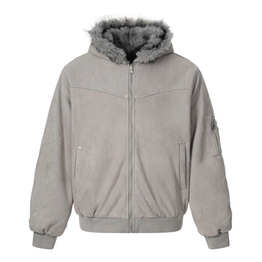 Damen Gepolsterte Kapuzen-Bomberjacke mit Kunstfellfutter, Velours-Außenmaterial und Reißverschluss Shop Nory