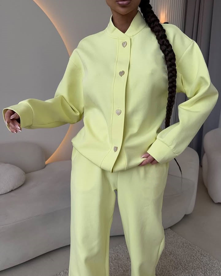 Damen Zweiteiliges Loungewear-Set mit Stehkragen, dekorativen Schmuckknöpfen und weitem Palazzo-Hosenbein Shop Nory