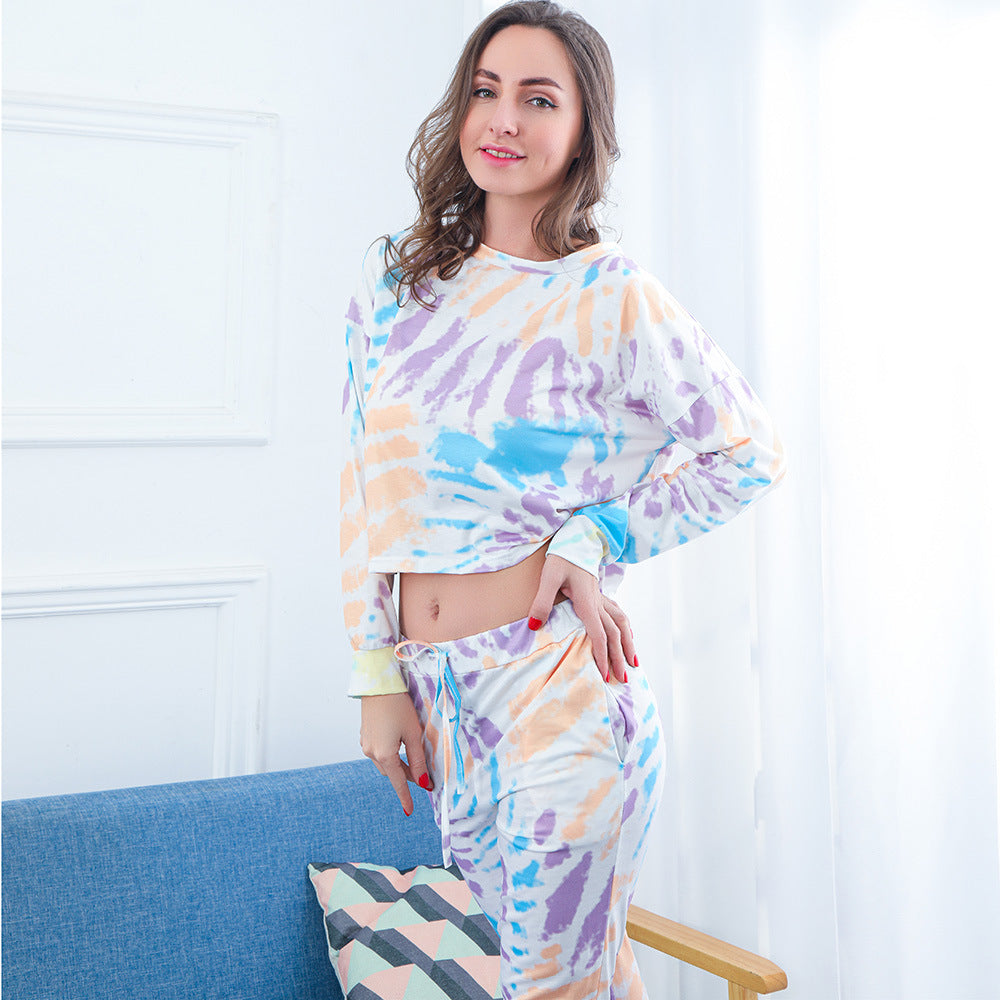 Damen Zweiteiliges Crop-Lounge-Set mit Batikprint, Oversize-Sweatshirt und Kordelbund-Jogger Shop Nory