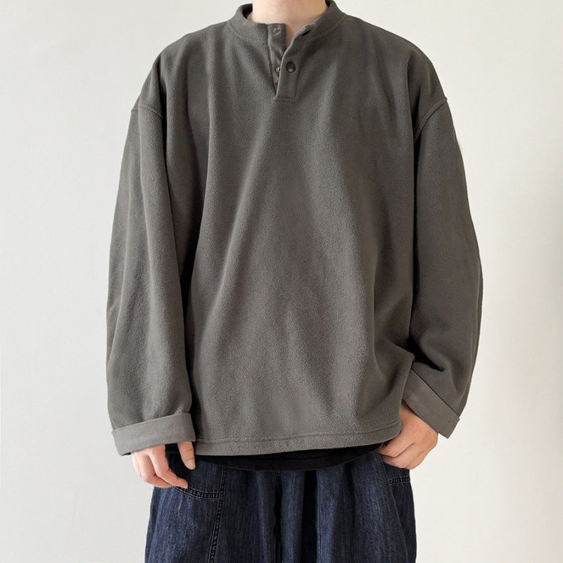 [Unisex] Oversize-Fleece-Henley-Pullover mit halber Knopfleiste, Kordelzugsaum und umgeschlagenen Ärmeln Shop Nory