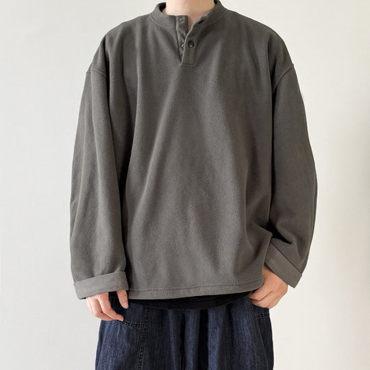 [Unisex] Oversize-Fleece-Henley-Pullover mit halber Knopfleiste, Kordelzugsaum und umgeschlagenen Ärmeln Shop Nory