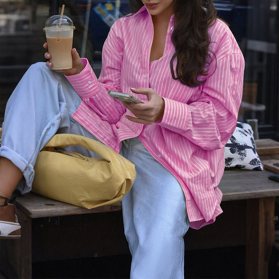 Damen nan oversized gestreifte Hemdbluse mit verlängertem Rückteil und extraweiten Manschetten Shop Nory