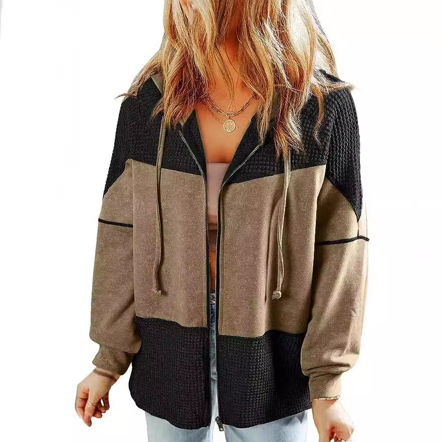 Damen Lässige Oversize-Kapuzenjacke mit Strukturstrick-Einsätzen und Reißverschluss Shop Nory