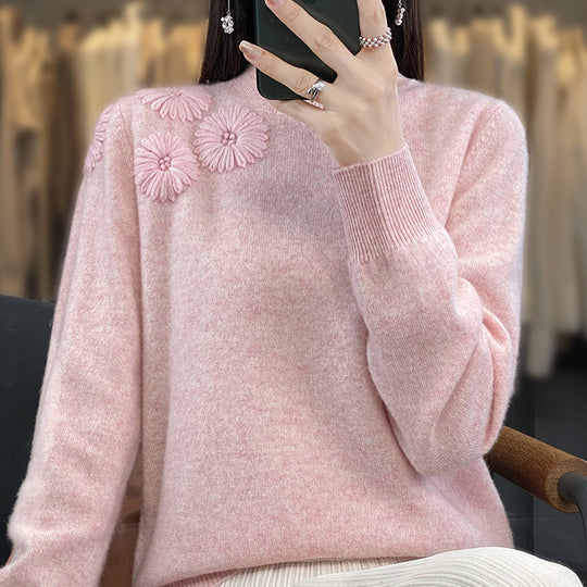 Damen Weicher Feinstrickpullover mit kurzem Stehkragen, 3D‑Blütenapplikation und gerippten Bündchen Shop Nory