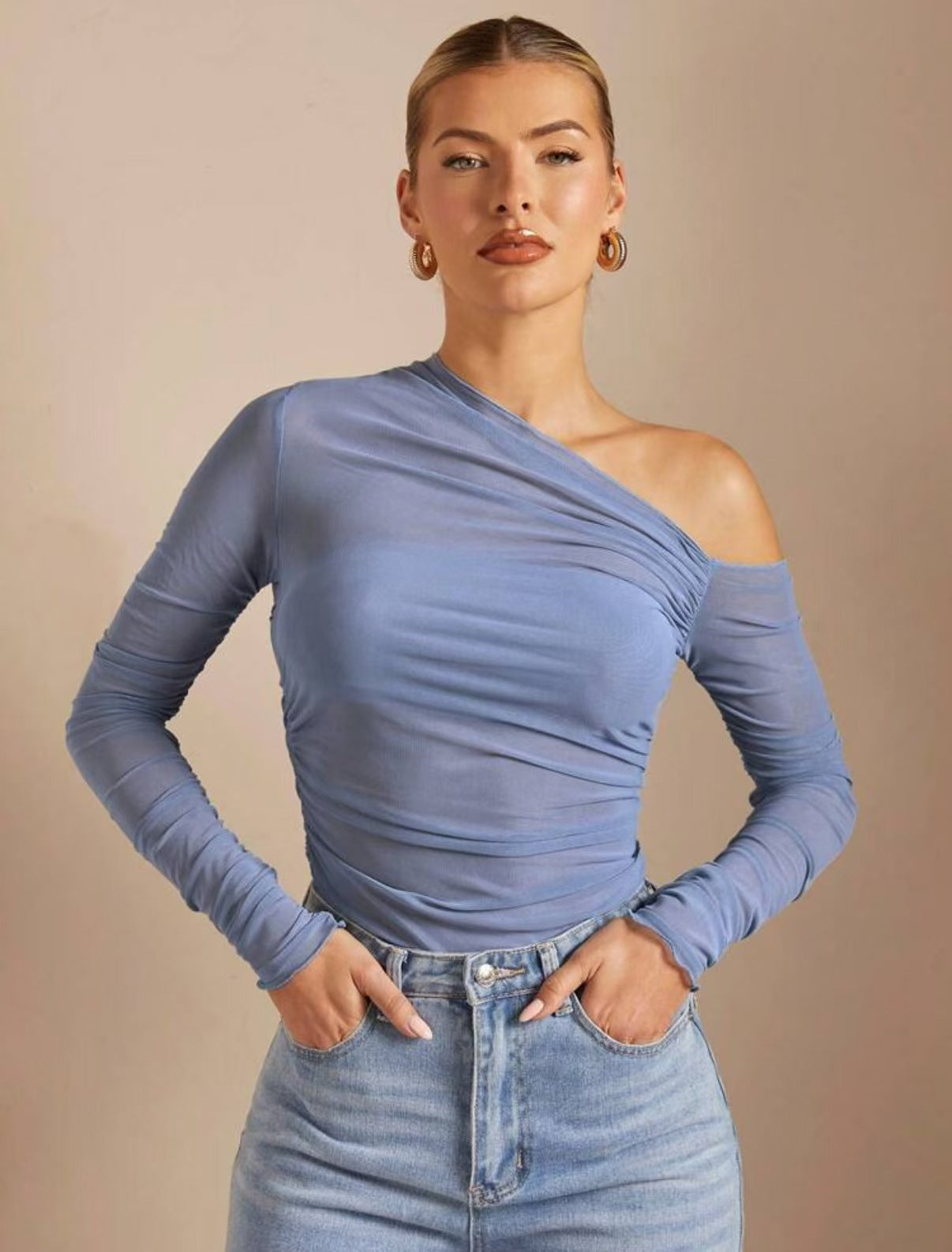 Damen Asymmetrischer Body mit Raffungen und langen Ärmeln