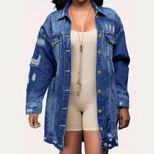 Damen Oversize Longline-Denimjacke mit Distressed-Details und Pattentaschen Shop Nory