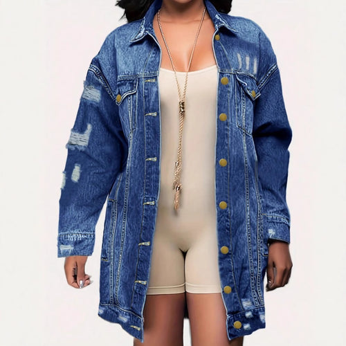 Damen Oversize Longline-Denimjacke mit Distressed-Details und Pattentaschen Shop Nory