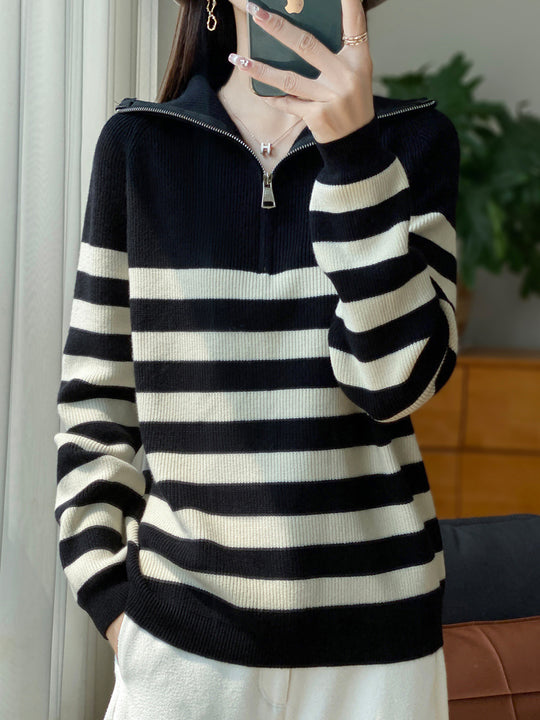 Damen Maritimer Troyer-Pullover aus feinem Rippstrick mit breiten Querstreifen Shop Nory
