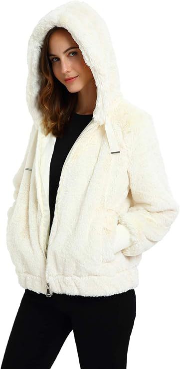 Damen Kapuzen‑Teddyjacke aus weichem Faux‑Fur mit Reißverschluss und Rippbündchen Shop Nory