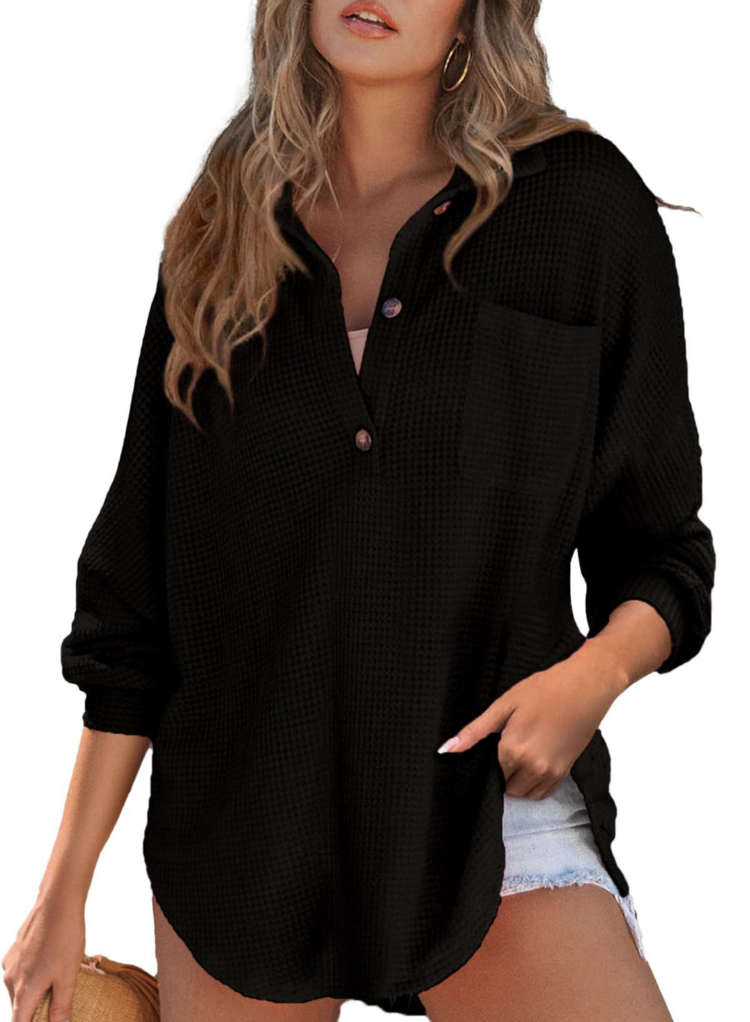 Damen nan oversized Waffelpiqué Hemdbluse mit Brusttasche, Knopfleiste und abgerundetem Saum Shop Nory