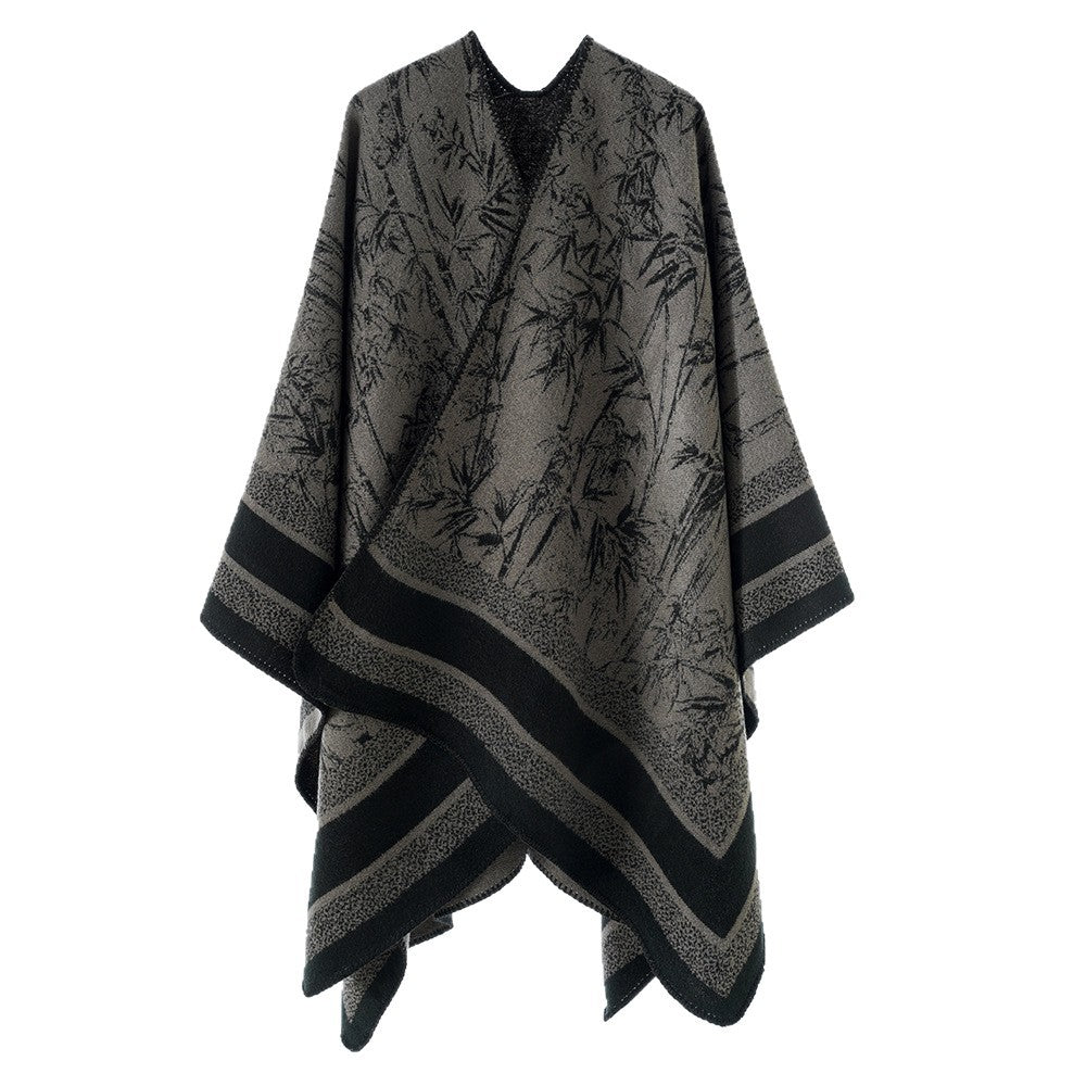 Damen Jacquard‑Poncho im Cape‑Stil mit Bambusmotiv und offener Vorderseite Shop Nory
