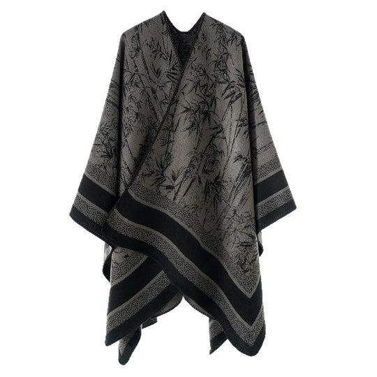 Damen Jacquard‑Poncho im Cape‑Stil mit Bambusmotiv und offener Vorderseite Shop Nory