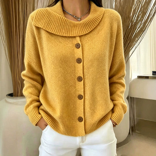 Damen Kuscheliger Knopf-Cardigan mit breitem Rollkragen und gerippten Bündchen Shop Nory