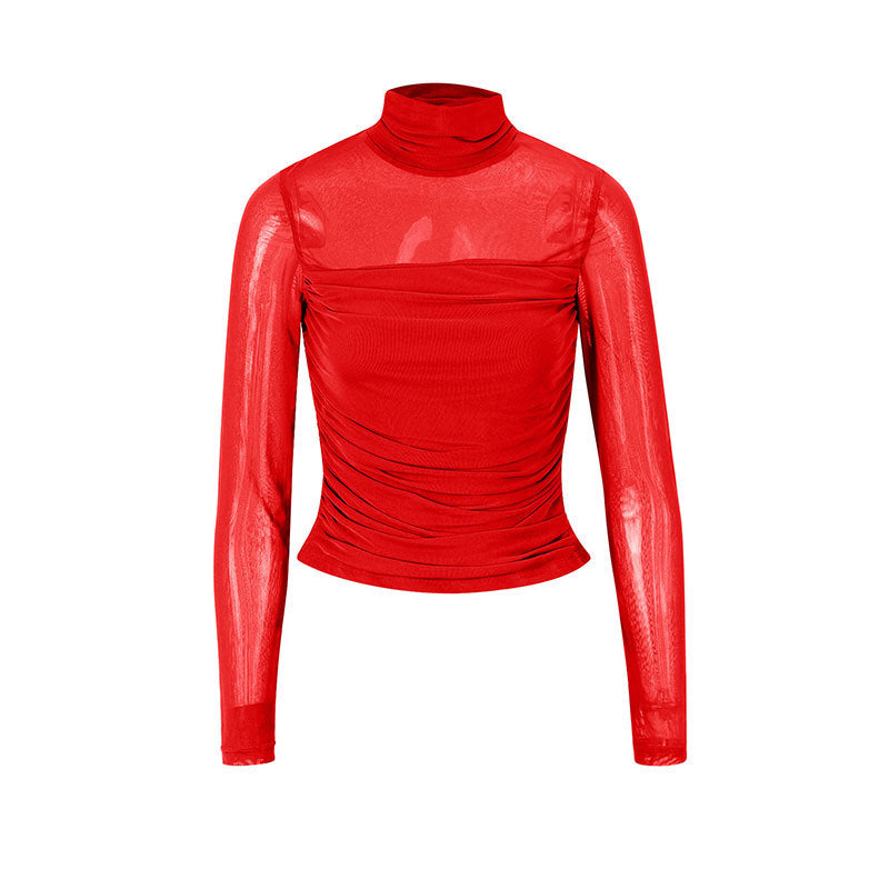 Damen Langarmshirt mit eleganter Raffung und transparentem Design