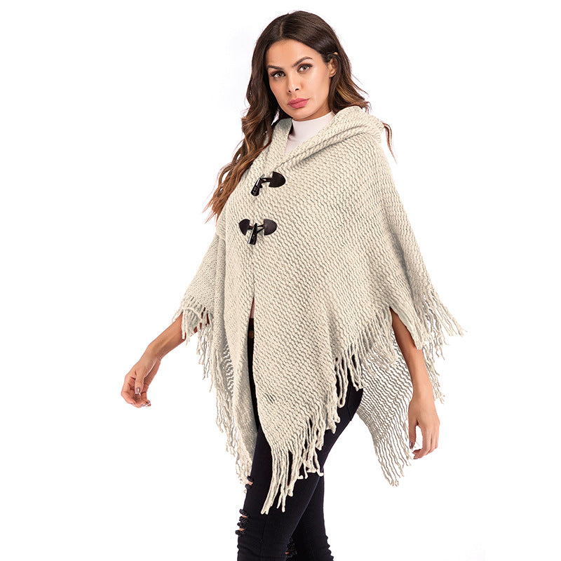Damen Grobgestricktes Poncho mit Rollkragen, Fransen & Karomuster Shop Nory