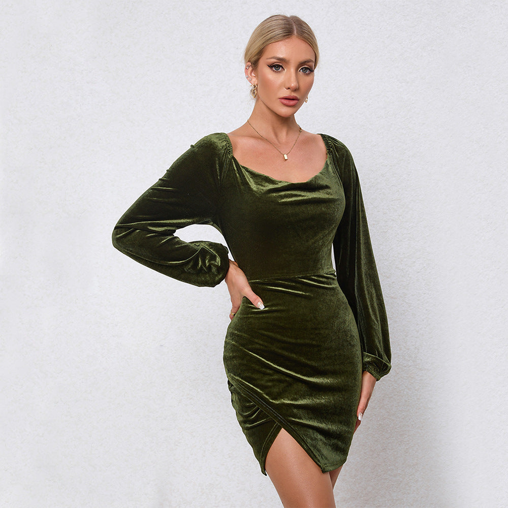Damen Samtiges Wickel-Minikleid mit Wasserfall-Cowl, Ballonärmeln und asymmetrischer Raffung Shop Nory