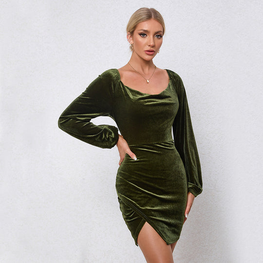 Damen Samtiges Wickel-Minikleid mit Wasserfall-Cowl, Ballonärmeln und asymmetrischer Raffung Shop Nory