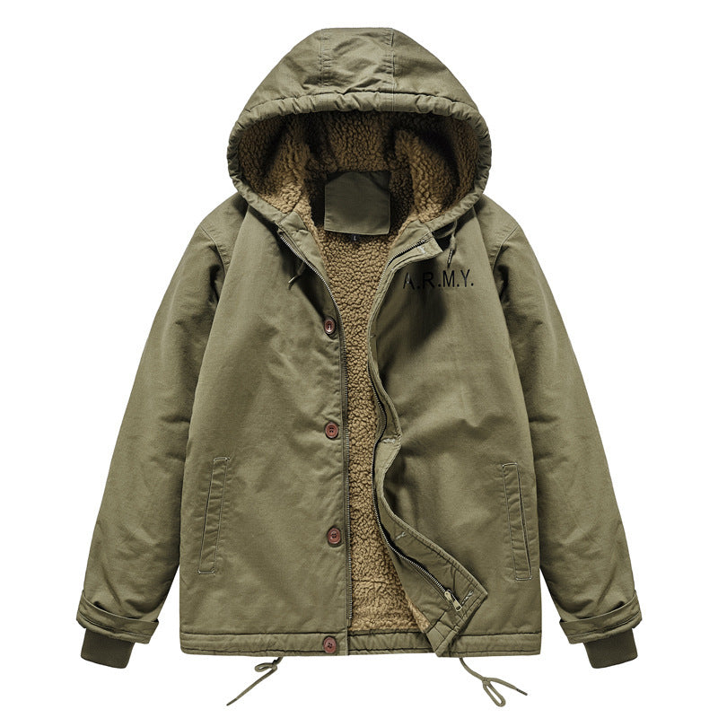 Herren wattierte Kapuzenjacke im Canvas‑Look mit Sherpa‑Futter und Militärprint Shop Nory