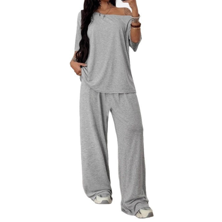 Damen Lässiges Lounge-Set aus weichem Jersey mit weiter Palazzohose und schulterfreiem Oversize-Top Shop Nory