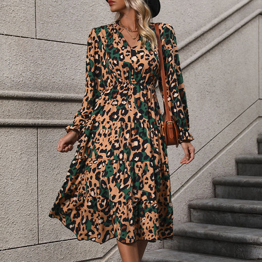 Damen Wickel-Midikleid mit Leopardenmuster, Stufenrock und elastischer Taillenpassform Shop Nory