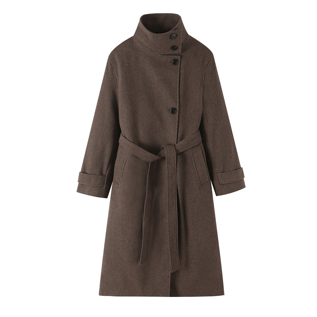 Damen Wollmantel mit Stehkragen, Bindegürtel und asymmetrischer Knopfleiste Shop Nory