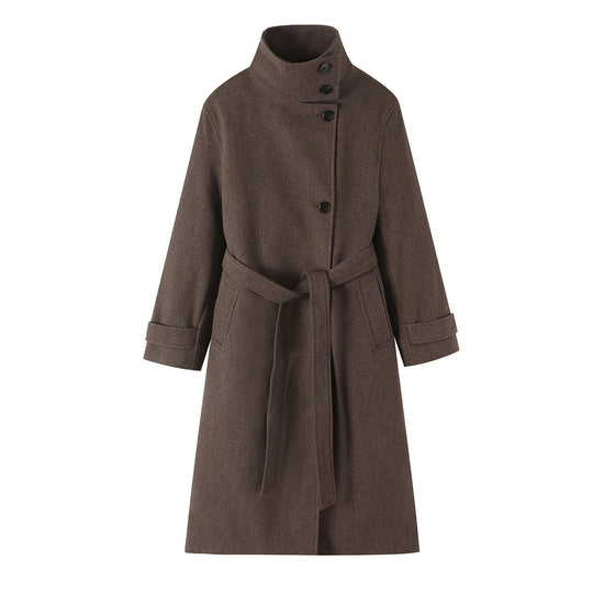 Damen Wollmantel mit Stehkragen, Bindegürtel und asymmetrischer Knopfleiste Shop Nory