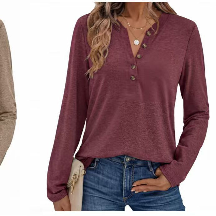 Damen Leichtes Henley-Longsleeve mit V‑Ausschnitt, Knopfleiste und legerer Passform Shop Nory