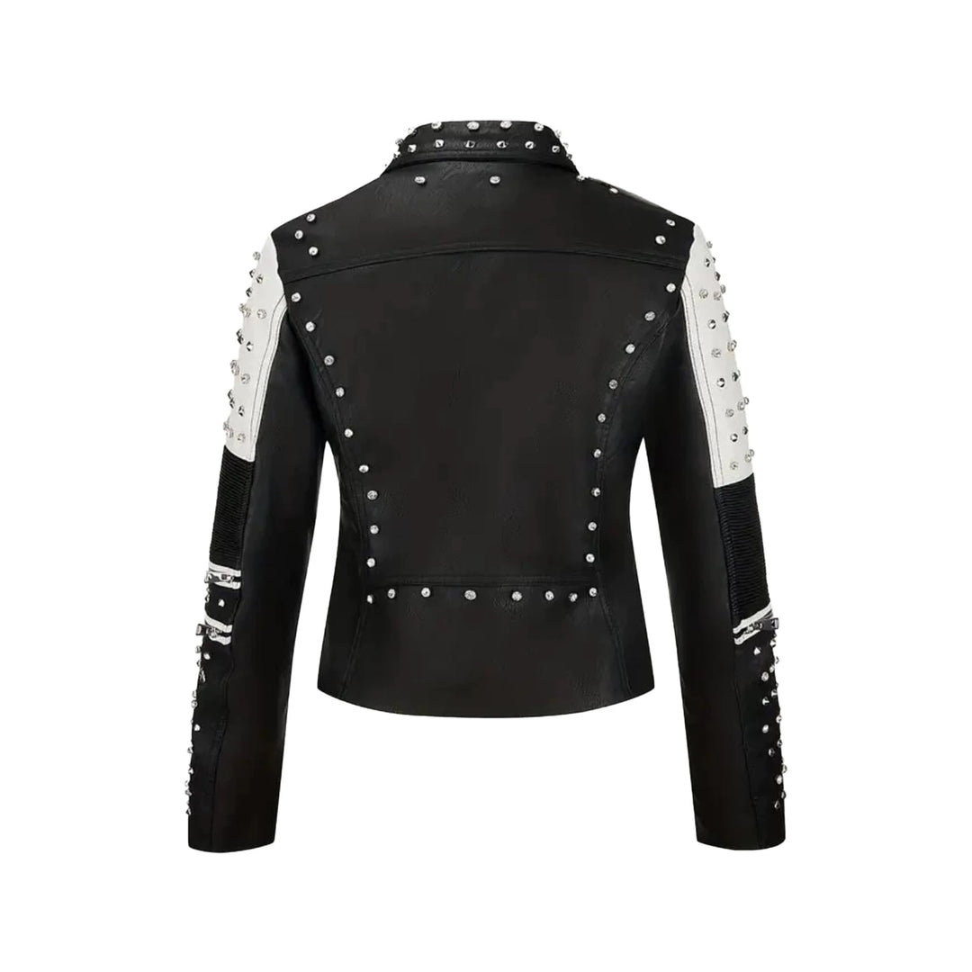 Damen Nietenbesetzte Bikerjacke aus Kunstleder mit Taillengürtel Shop Nory