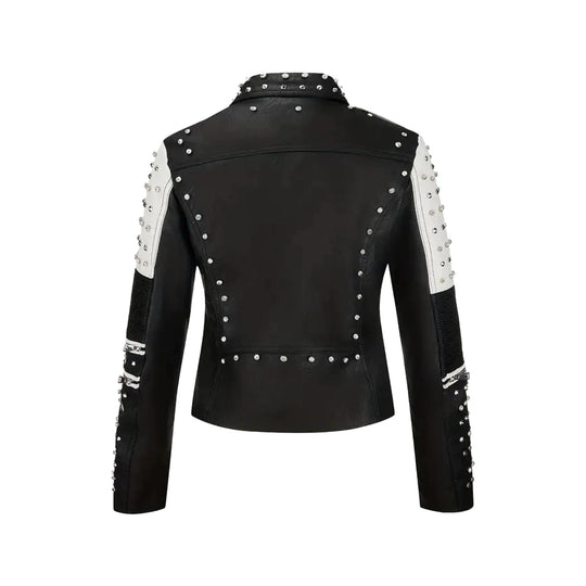 Damen Nietenbesetzte kontrastierende Bikerjacke mit Taillengürtel Shop Nory