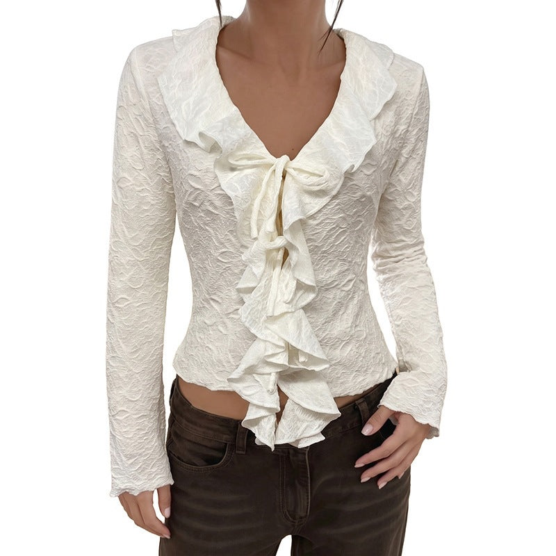 Damen Rüschenbluse aus Strukturjersey mit V-Ausschnitt und Bindeschleife Shop Nory