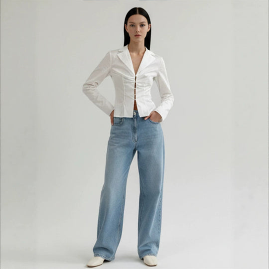 Damen Taillierte Popeline-Hemdbluse mit Korsettnähten & Häkchenfront Shop Nory