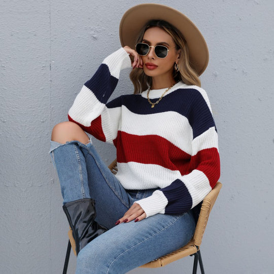 Damen Gestreifter Grobstrick-Pullover mit Rundhals und überschnittenen Ärmeln Shop Nory