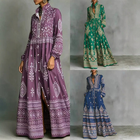 Damen Boho-Maxi-Hemdkleid mit Stickbordüren, hoher Stehkragen und Taschen Shop Nory