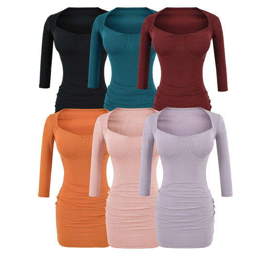 Damen Figurbetontes Midikleid mit eingenähten Cups, weitem Quadrat-Ausschnitt und Raffung Shop Nory
