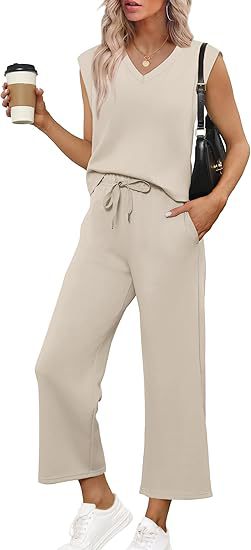 Damen Lässiges Zweiteiliges Lounge-Set mit Ärmellosem V-Neck-Top und Weiten Kordelbund-Hosen Shop Nory