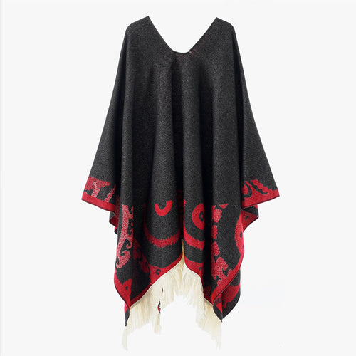 Damen Wollmix-Medallionponcho mit V-Ausschnitt und Fransensaum Shop Nory