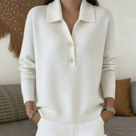 Damen lässiger Feinstrickpullover mit Polokragen und Zwei-Knopf-Leiste Shop Nory