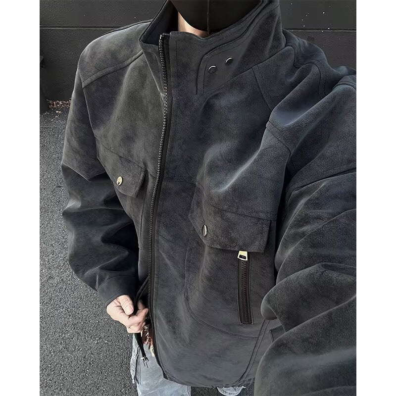 Herren Oversized Wildleder-Optik Utility-Jacke mit hohem Stehkragen Shop Nory