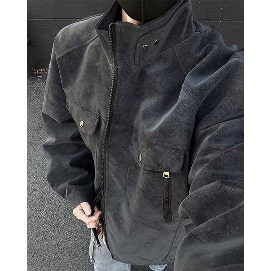 Herren Oversized Wildleder-Optik Utility-Jacke mit hohem Stehkragen Shop Nory