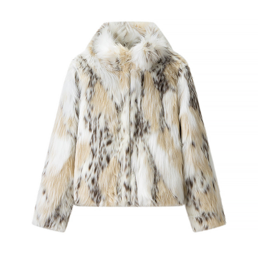 Damen Kurze Kunstfelljacke im Patchfell-Look mit hohem Stehkragen Shop Nory